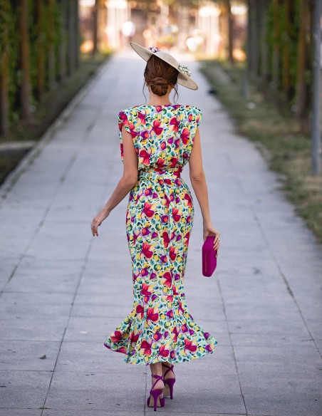 Vestido midi de fiesta estampado sin mangas con volante - INVITADA PERFECTA