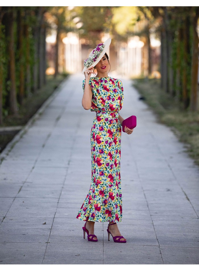 Vestido midi de fiesta estampado sin mangas con volante - INVITADA PERFECTA