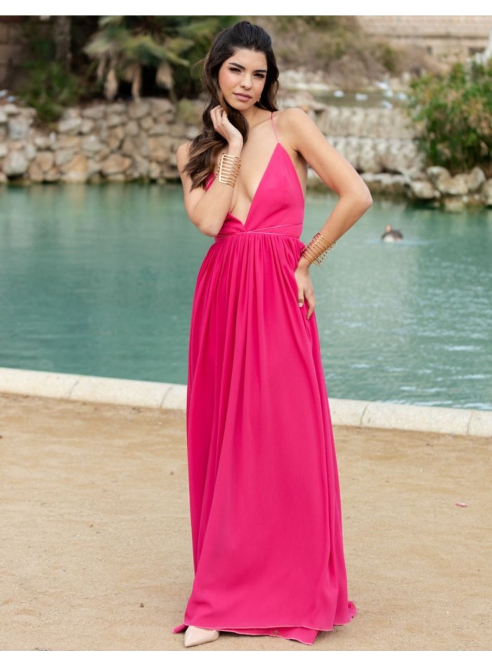 Long pleated party dress with open back