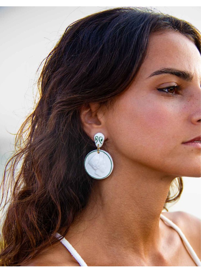 Long earrings with glazed ceramic medallions