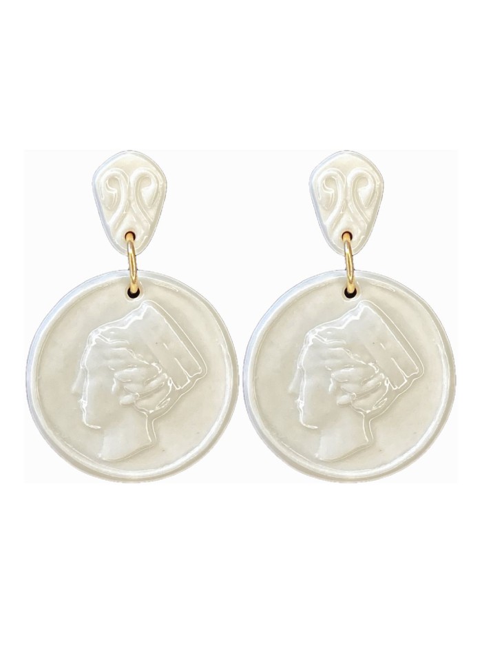 Cibeles medal long earrings in white ceramic