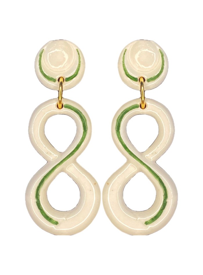 Green enamelled ceramic infinity long earrings