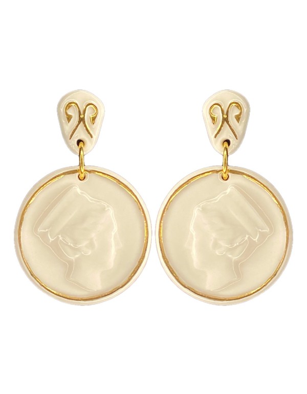 Boucle d'oreilles médaille en porcelaine peinte en or