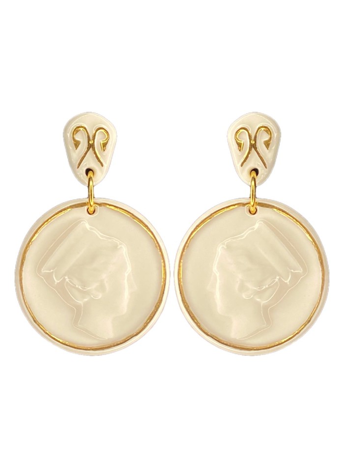Porcelain medal earrings painted in gold