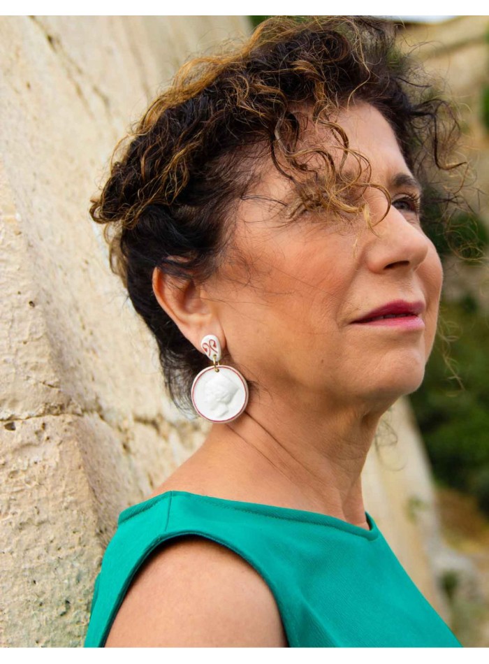 Painted porcelain medal long earrings