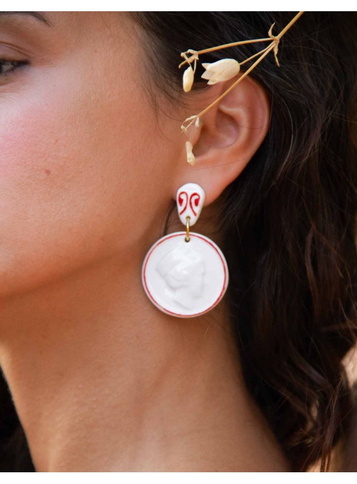 Painted porcelain medal long earrings