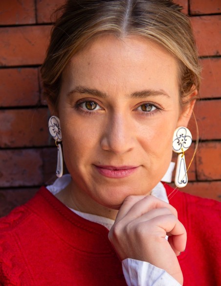 Blue painted porcelain ceramic long earrings