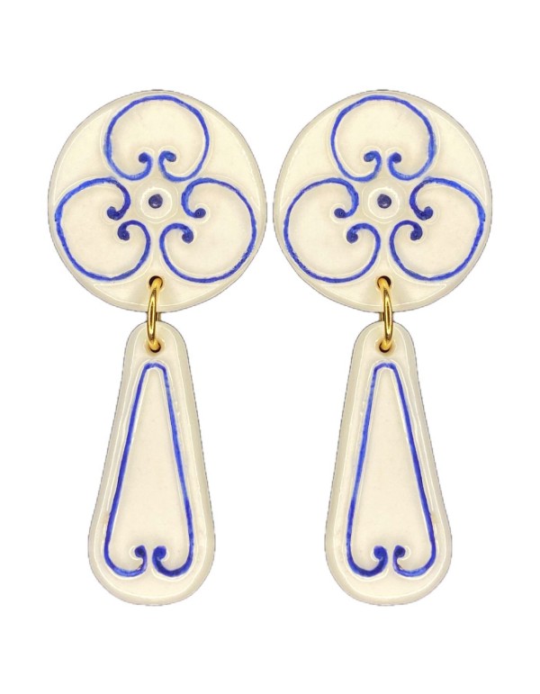 Boucle d'oreilles longues en porcelaine peinte bleue