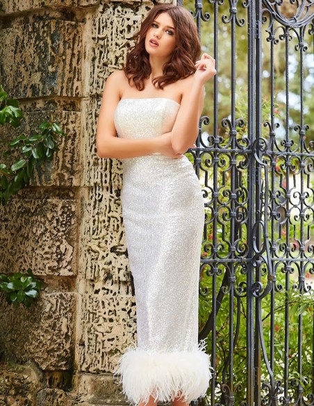 Vestido midi de fiesta palabra de honor con lentejuelas y plumas