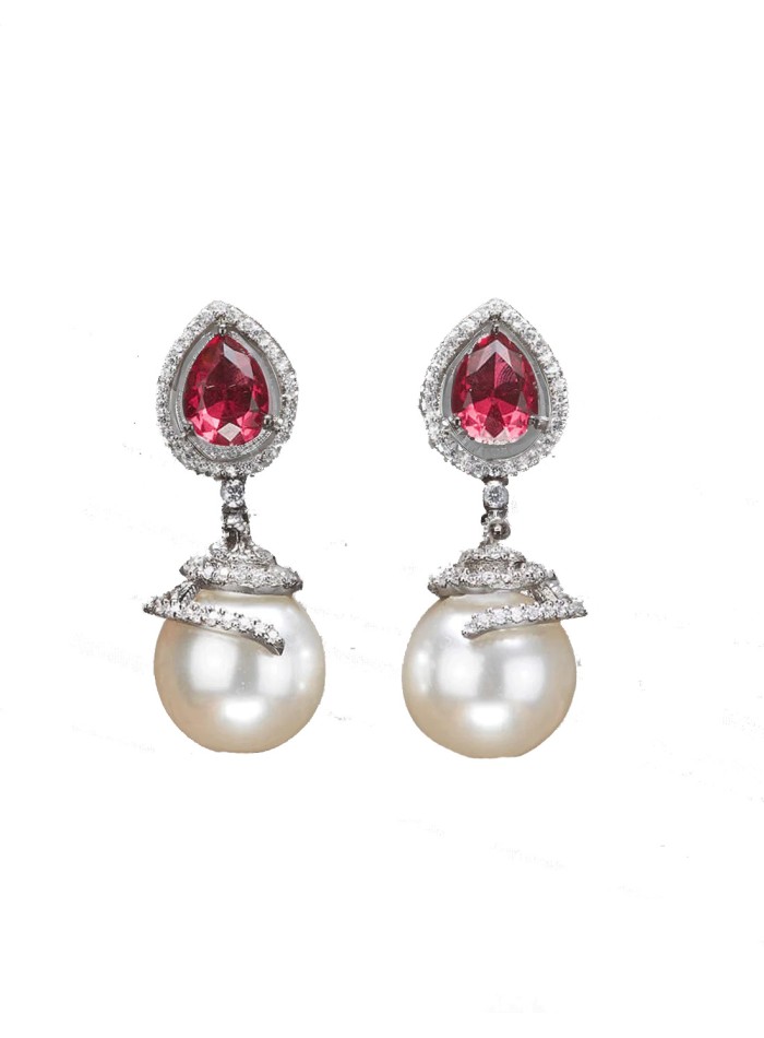 Party earrings with zirconia, pearl and semiprecious stone