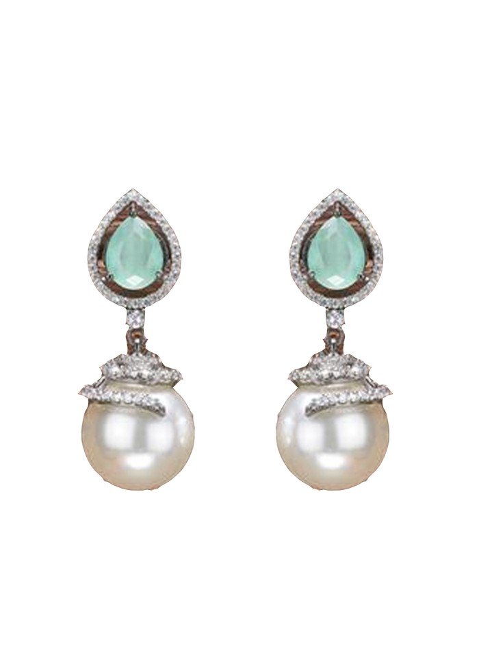 Party earrings with zirconia, pearl and semiprecious stone