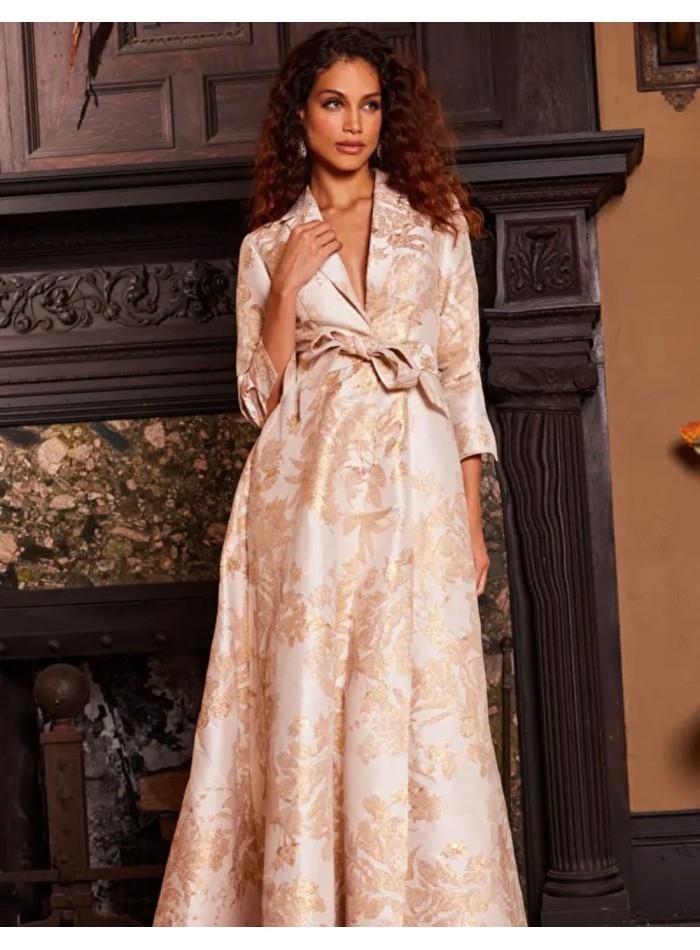 Long brocade party dress with dinner jacket bodice and lapels