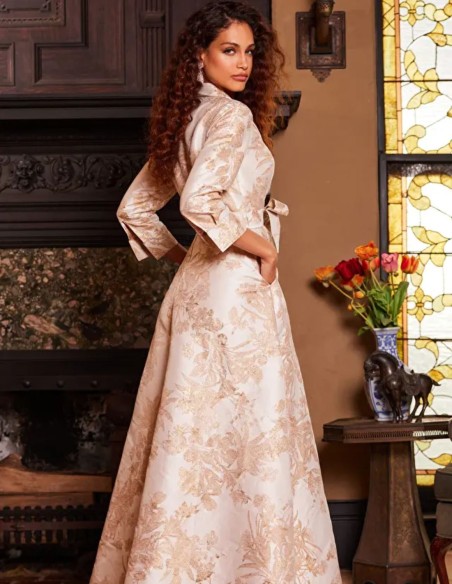 Robe longue de fête en brocart avec corsage et revers de smoking