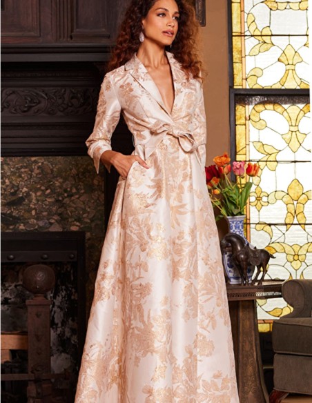 Robe longue de fête en brocart avec corsage et revers de smoking