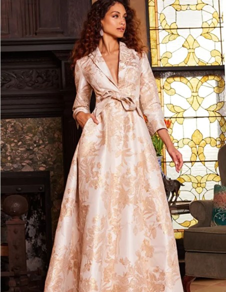 Long brocade party dress with dinner jacket bodice and lapels