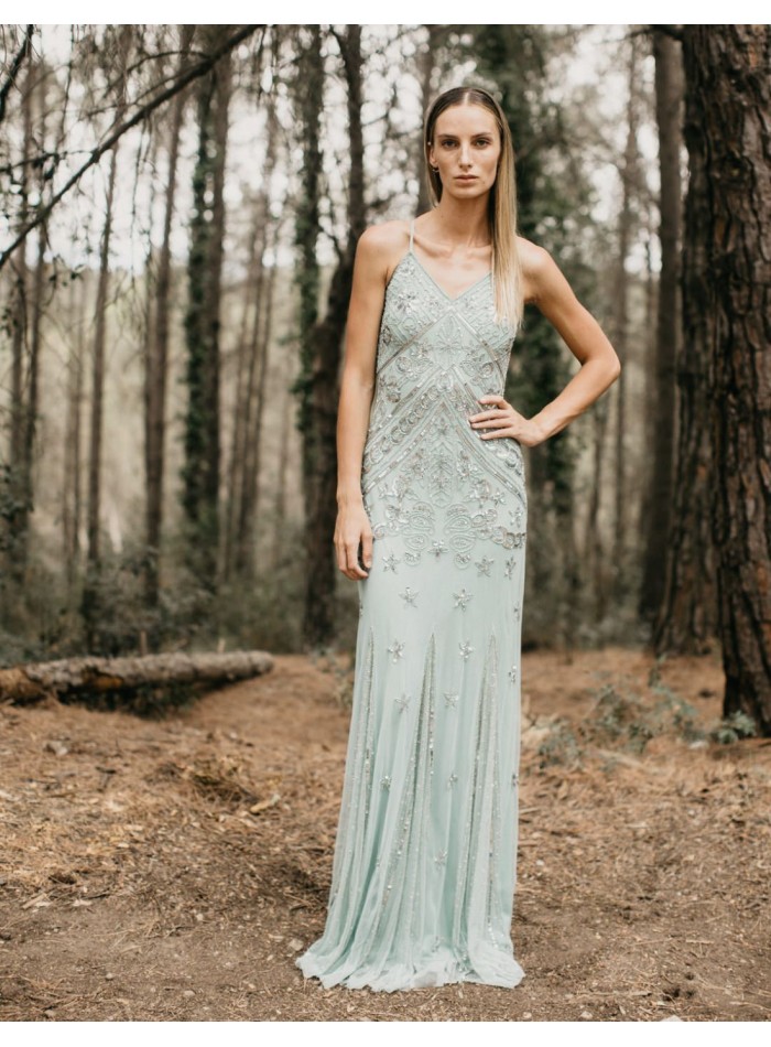 Long party dress with rhinestones and thin straps