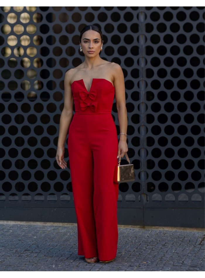Long red strapless party jumpsuit with lace-up bows