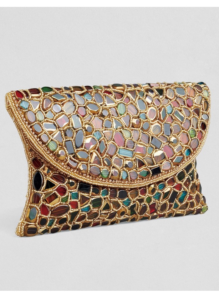 Bolso de mano con pedrería cosida a mano dorado...