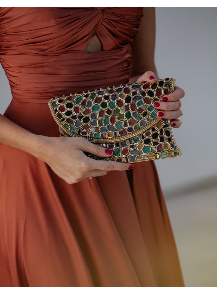 Handmade gold clutch bag with hand-stitched rhinestones for guest - INVITADA PERFECTA