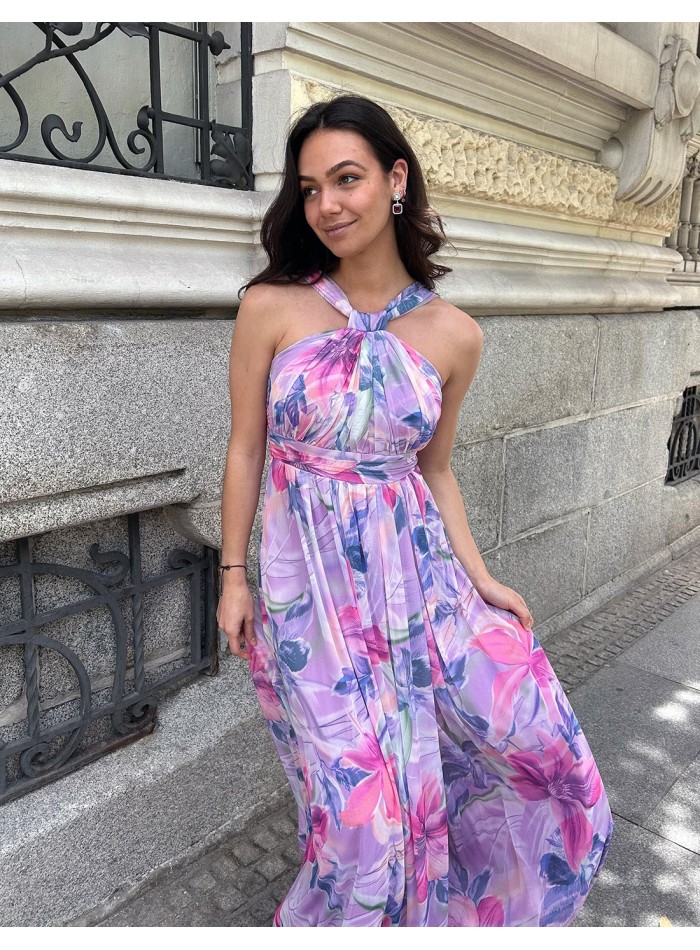 Vestido de fiesta largo estampado con cuello...