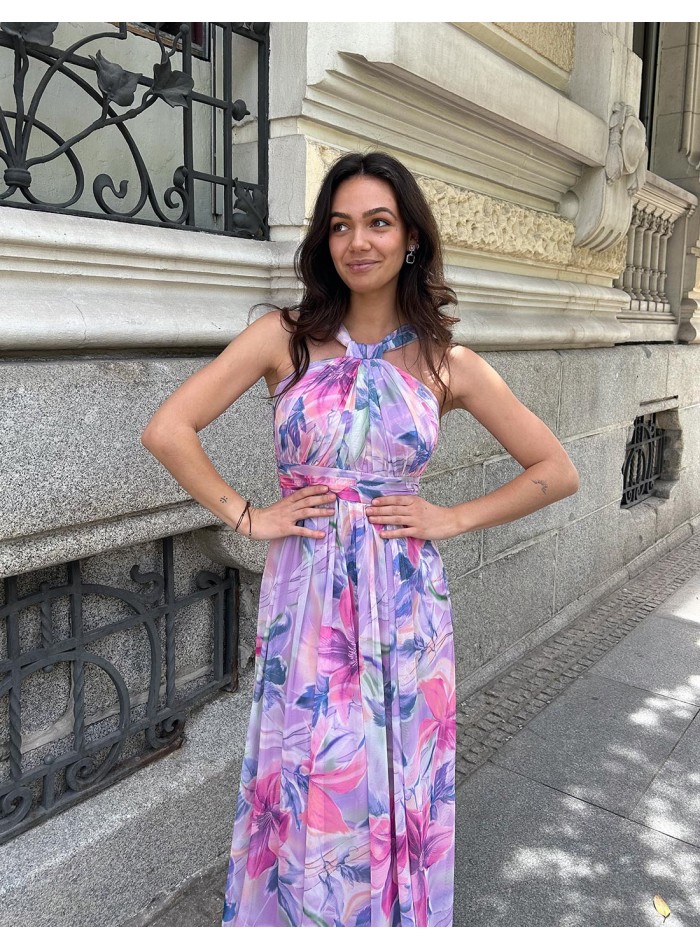 Vestido de fiesta largo estampado con cuello...