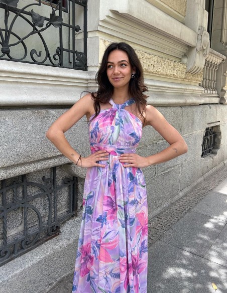 Long printed gown with halter necklines