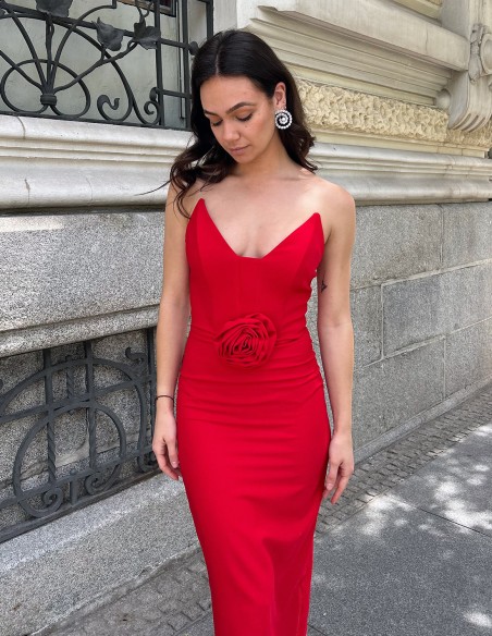 Vestido de cóctel palabra de honor con maxi flor en 3D - Marta Baos