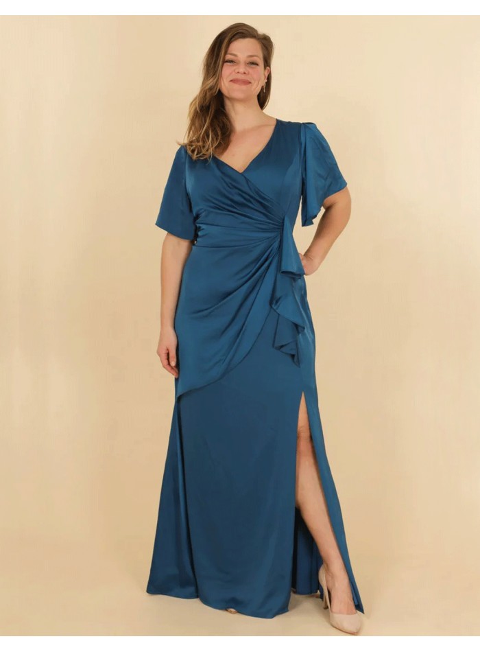 long satin gown with a V-neckline and flounce