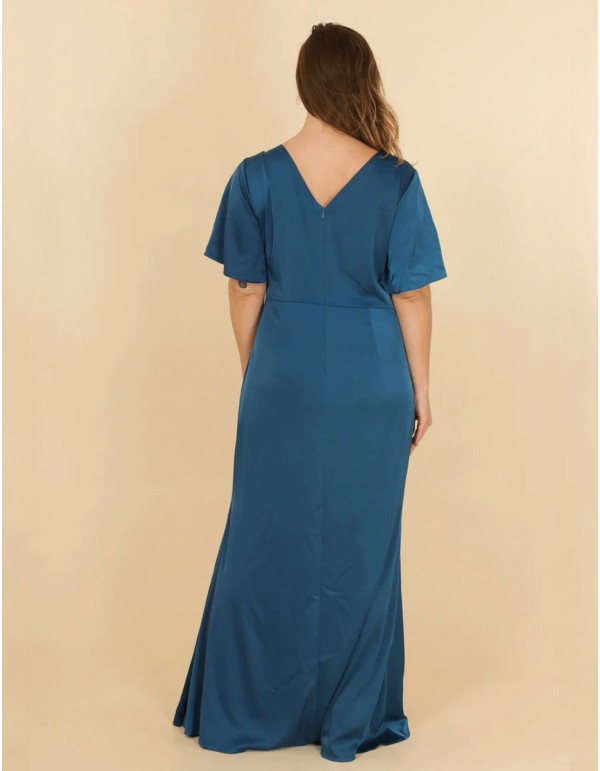 robe longue de fête en satin avec décolleté en V et volant 2