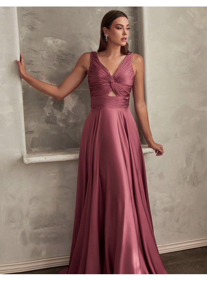 Long satin gown with draped strap neckline pink