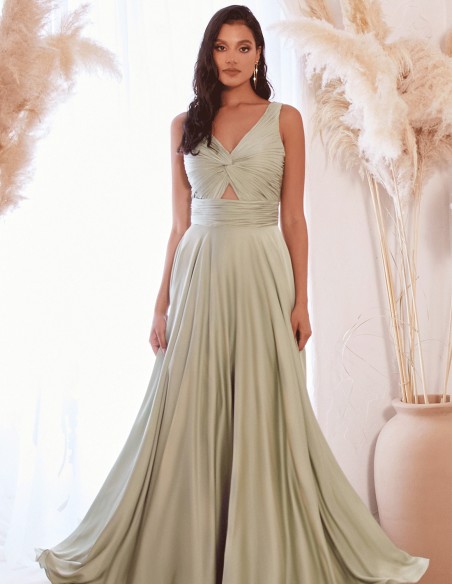 Long satin gown with draped strap neckline
