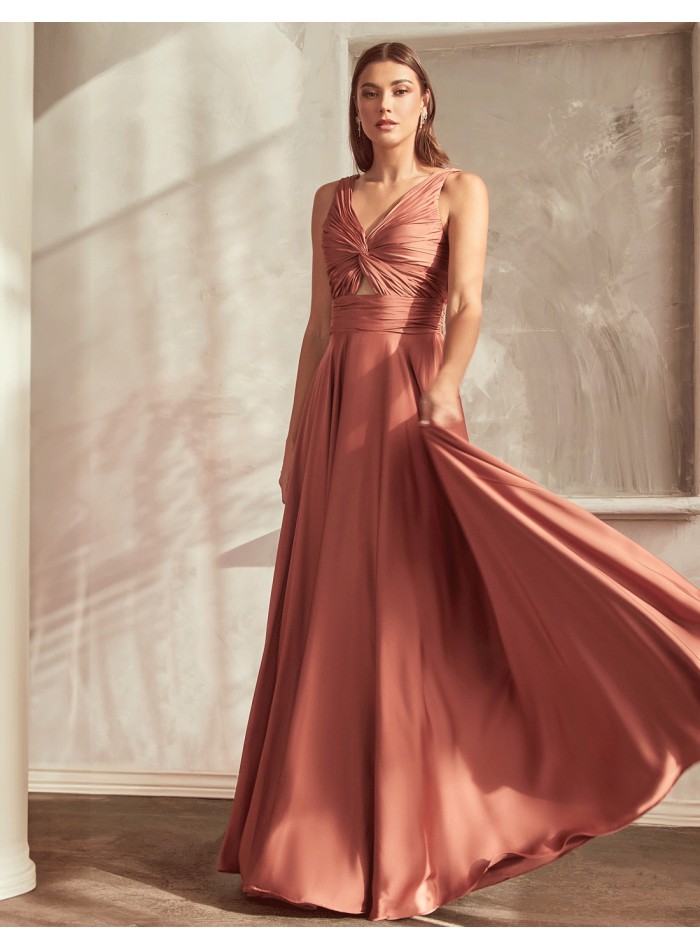 Long satin gown with draped strap neckline pink