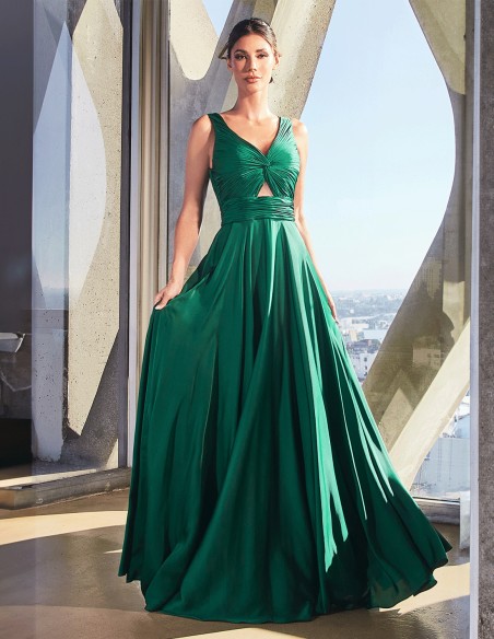 Vestido de fiesta largo satinado con escote drapeado de tirantes