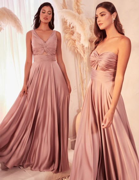 Vestido de fiesta largo satinado con escote drapeado de tirantes