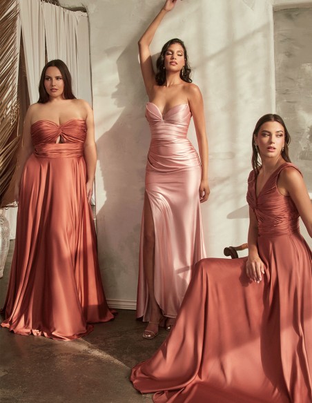 Long satin gown with draped strap neckline
