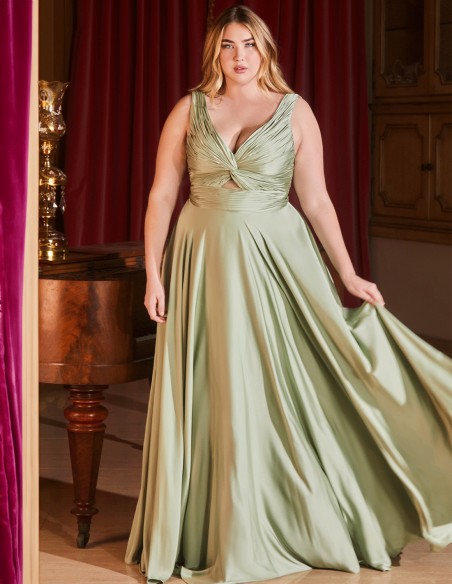 Long satin gown with draped strapless straps neckline - plus size neckline