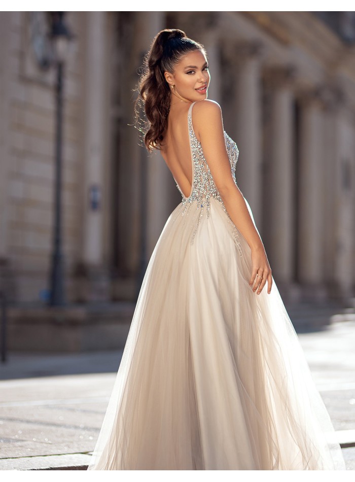 Long ball gown with rhinestone bodice and tulle skirt