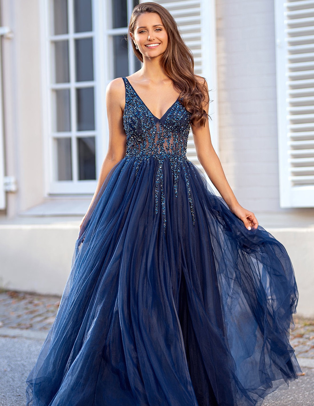 Vestidos largos con cuerpo de encaje y falda de tul Azul Polvoriento main image 0