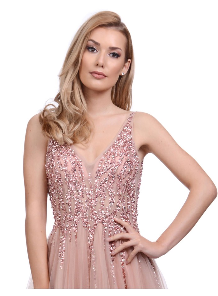 Robe longue avec corsage en strass et jupe en tulle