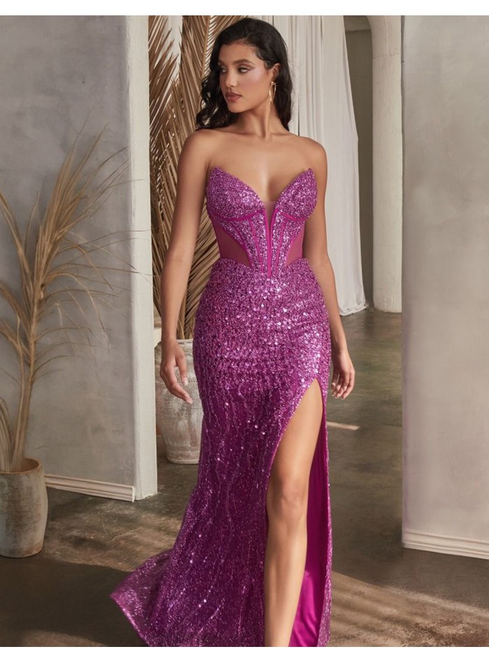 Long party dress with rhinestones and corset neckline