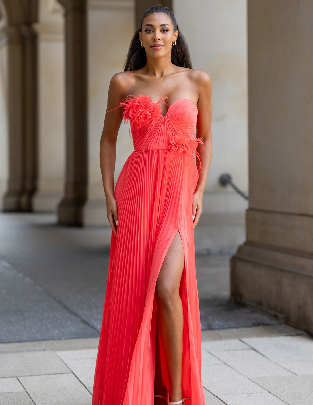 Sweetheart Neckline Lace-up Pleated Dress With Belt Peach