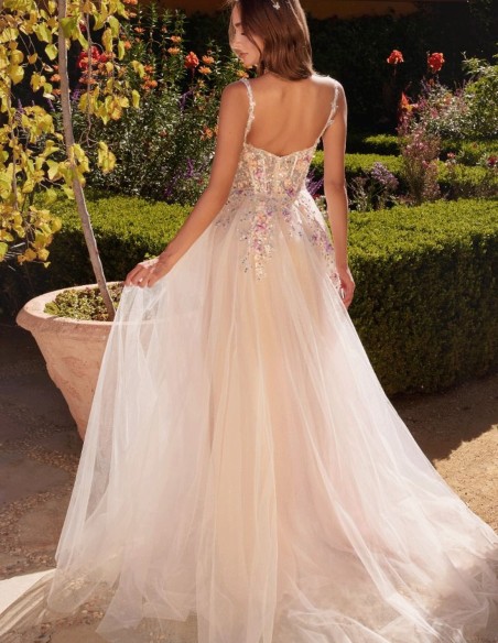 Long tulle gown with a floral bodice