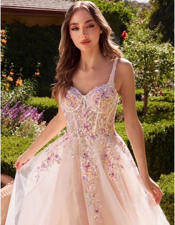 Vestido de fiesta largo de tul con corpiño de flores 2