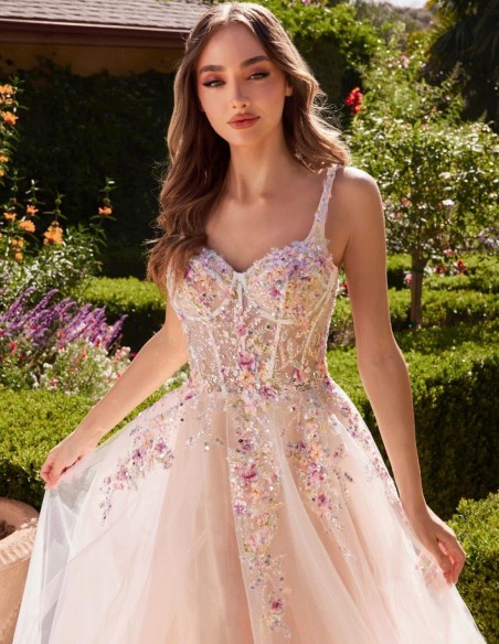 Long tulle gown with a floral bodice