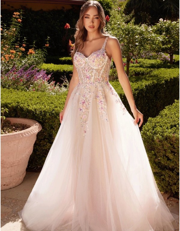 Vestido de fiesta largo de tul con corpiño de flores