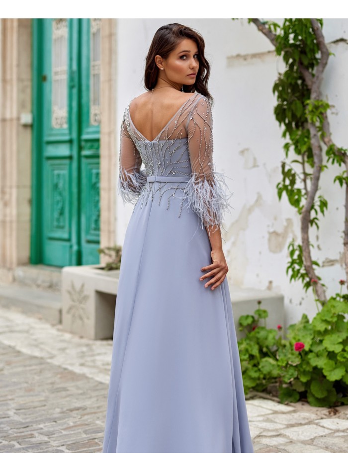 Long party dress with feather appliqués and...