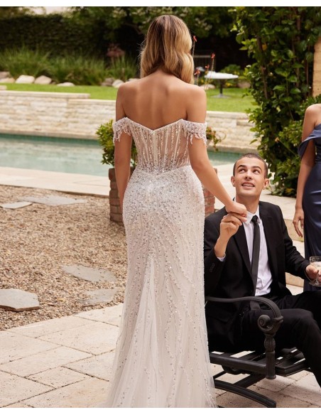 Long wedding dress with bardot neckline and rhinestones