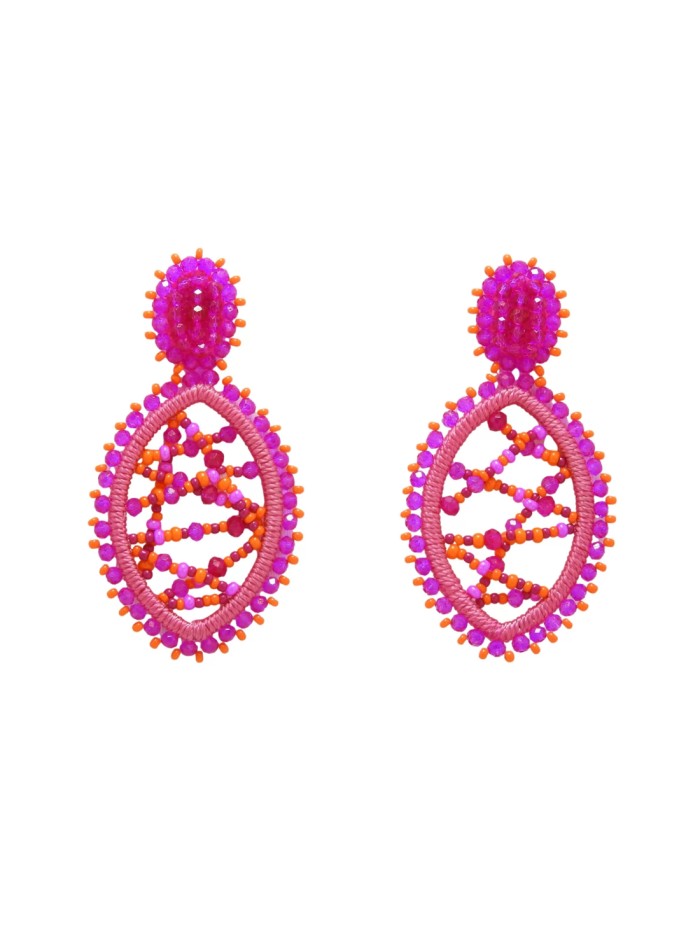 Long oval-shaped earrings with threads and coloured stones pink