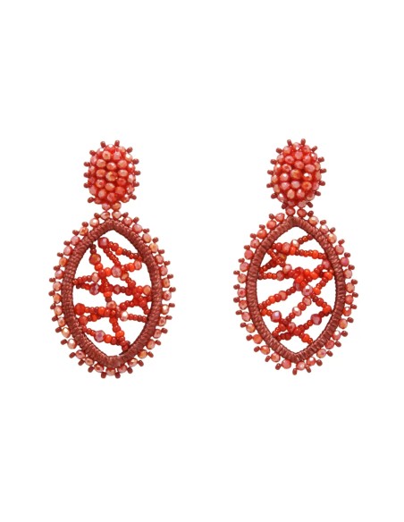 Long oval-shaped earrings with threads and coloured stones