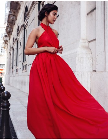 Long cross-over party dress with a cherry halter neckline